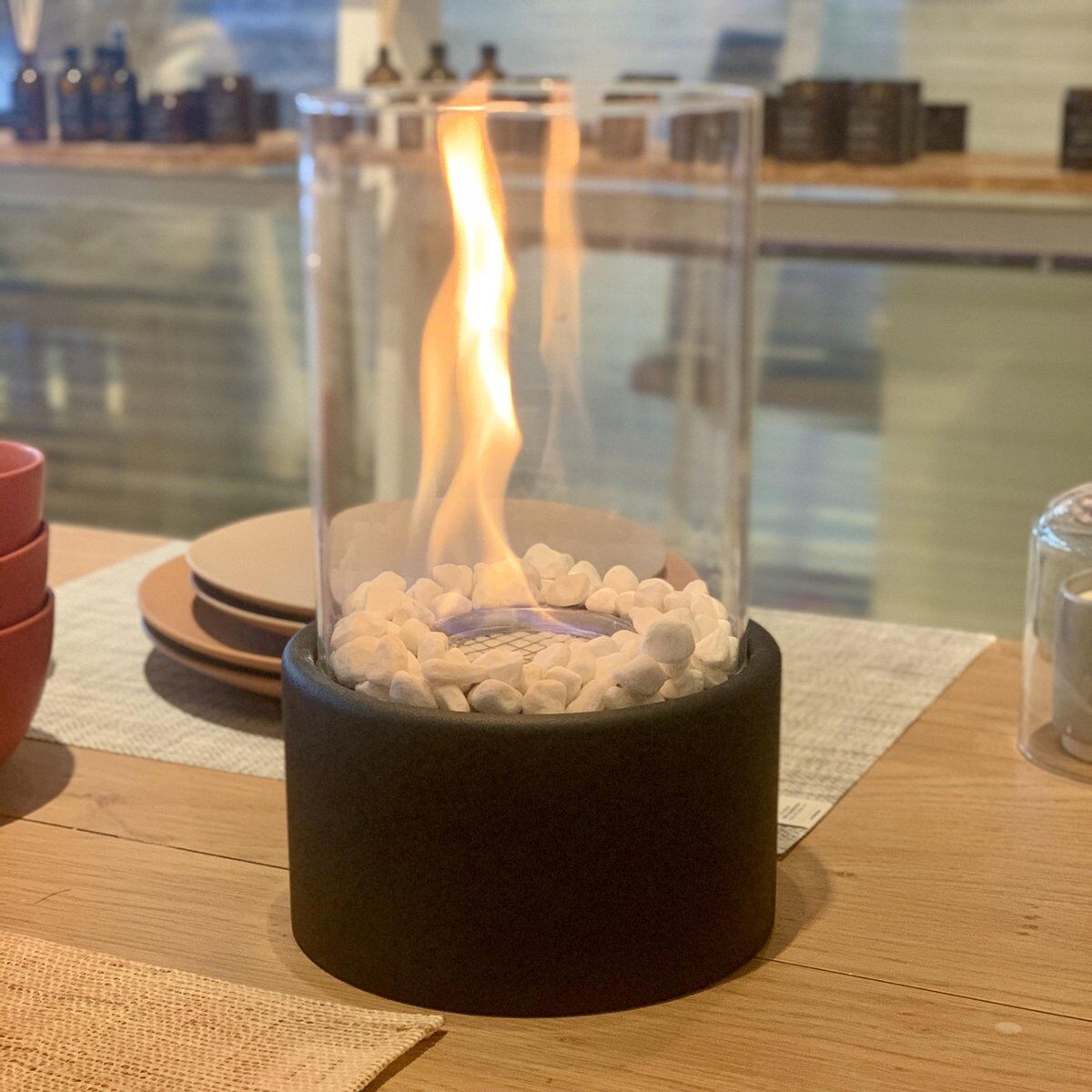 Fancy Flames Bioethanol sfeerhaard zwart rond glas 27x16cm met decoratiestenen